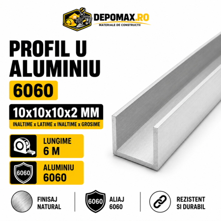 Profil U aluminiu 10 x 10 x 10 x 2 mm, 6 metri